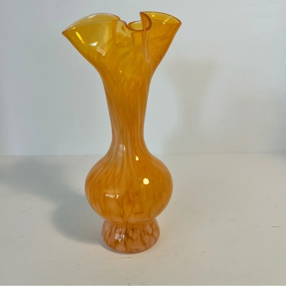 Vintage Orange and White Splatter Glass Vase with Ruffled Edge 6.5” Tall